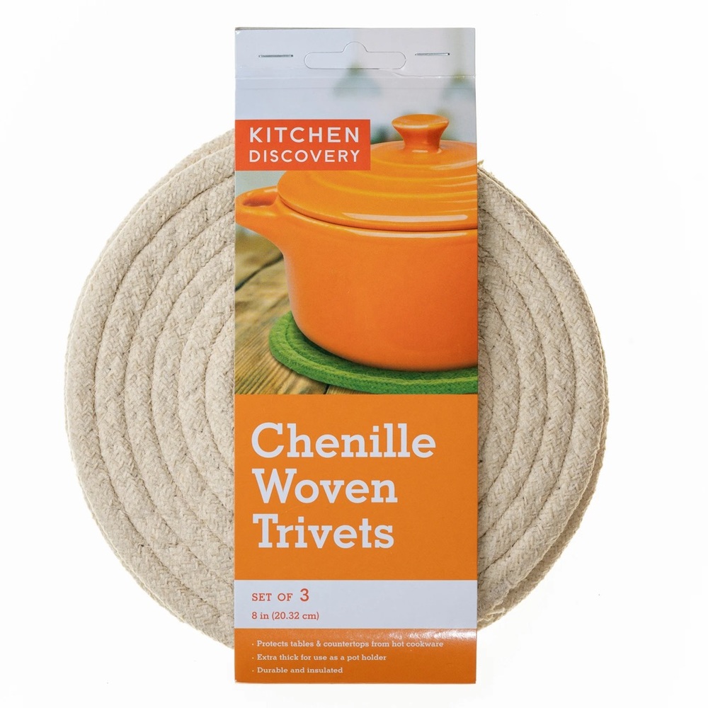 KITCHEN DISCOVERY 8” CHENILLE WOVEN TRIVETS CREAM SET OF 3  ROUND NWT